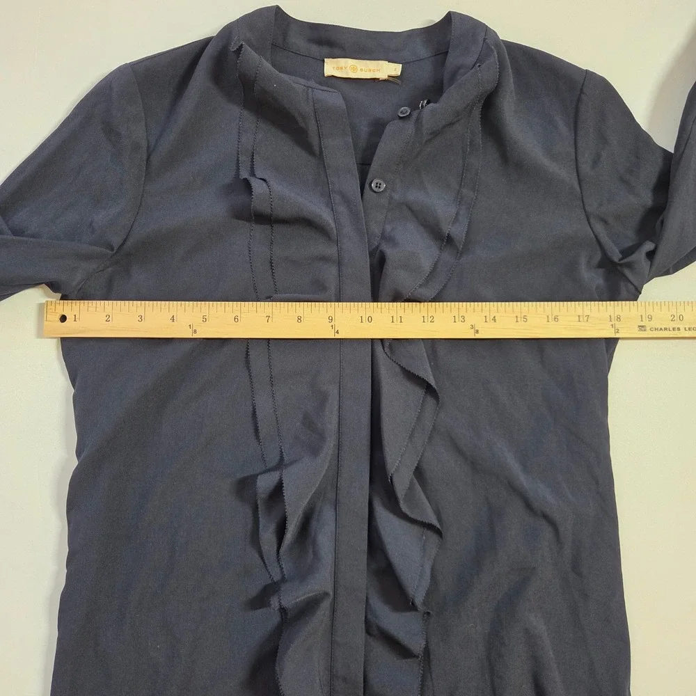 Tory Burch Navy Blue Ruffle Front Drop Waist Shirt Dress Size 2 Logo Buttons
